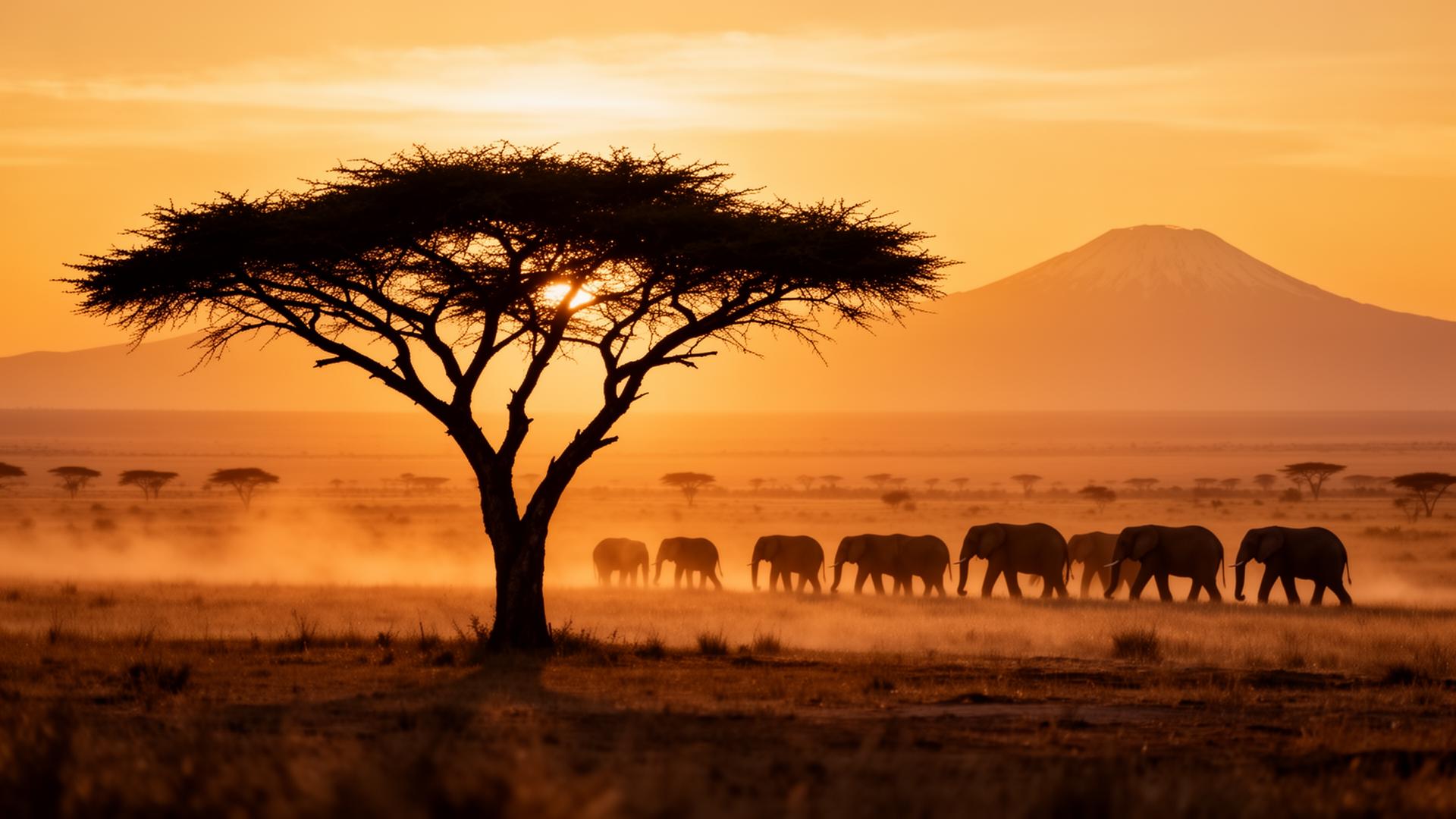 Elephants walking across the Kenyan savanna at sunset beneath an acacia tree, with Mount Kilimanjaro on the horizon