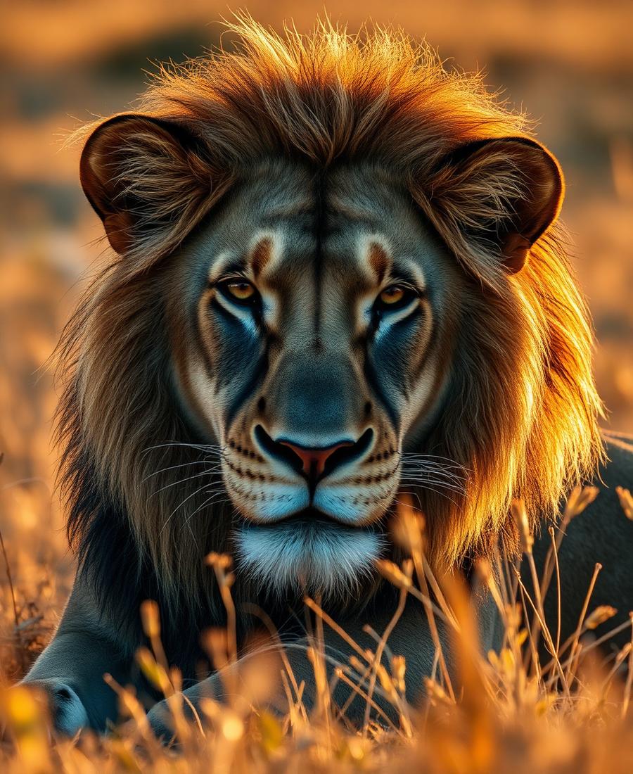 Portrait of a male lion in golden Mara grass